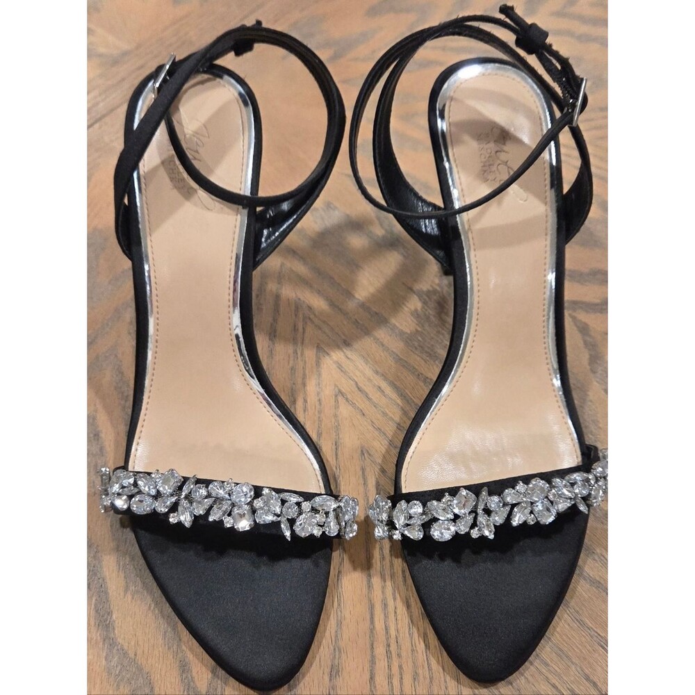 Jewel Badgley Mischka Heels Ojai Black Satin Crystal Stiletto Sandals Size 10